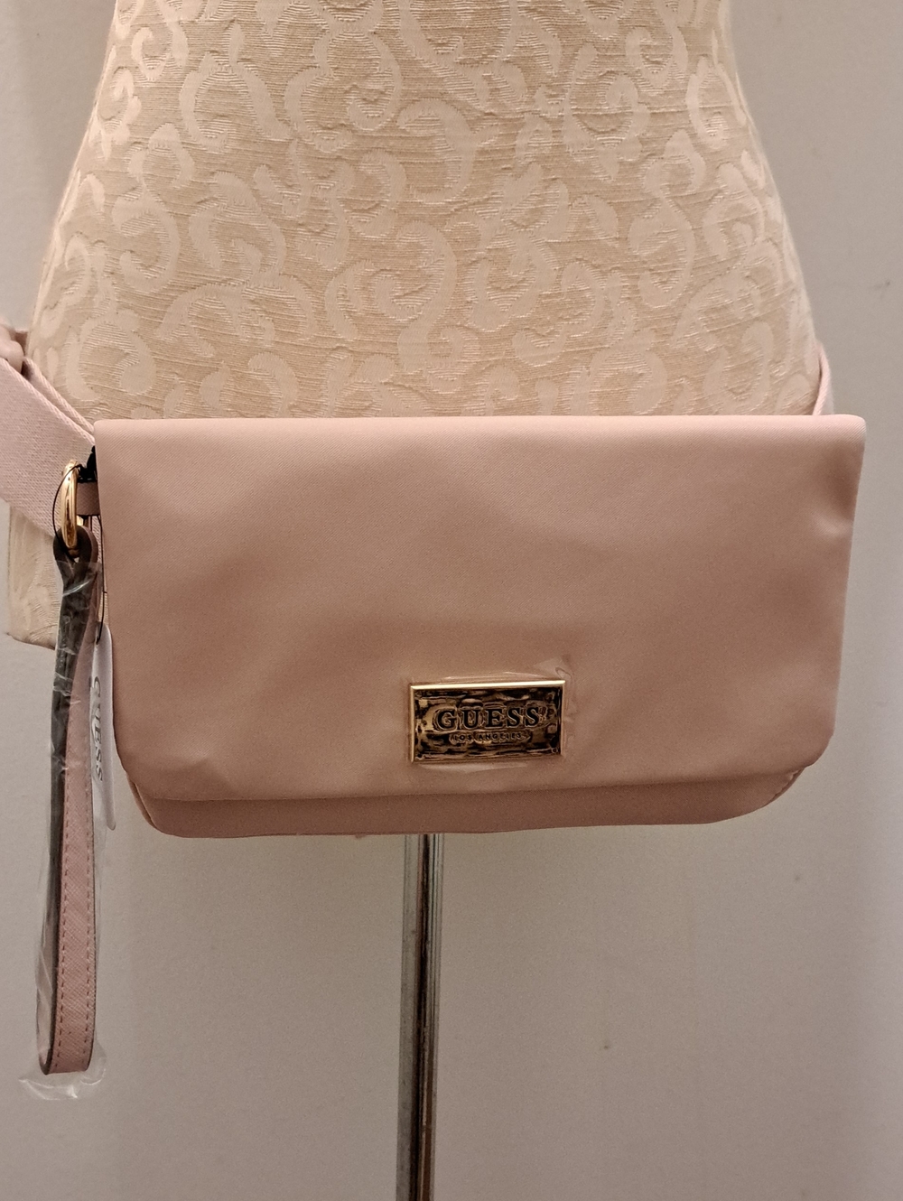Guess Blush Pink Fold-Over Wristlet Clutch with Gold Plaque
